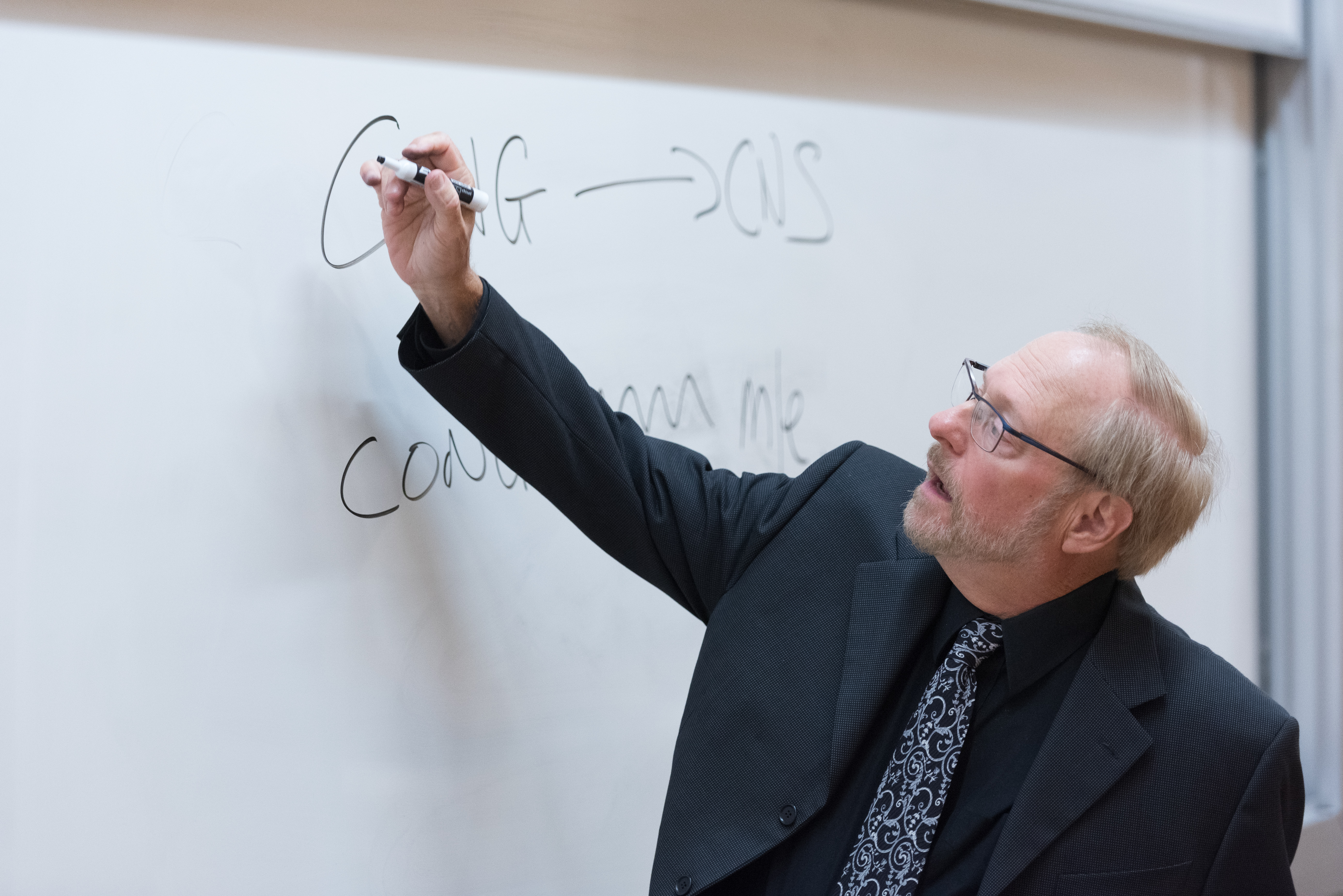 George Gopen, a white man with reddish greying hair, a mustache, and beard, wearing glasses and a black jacket, black shirt and black tie with elaborate white graphics on it, faces a white board and writes formulae with a dry erase marker.